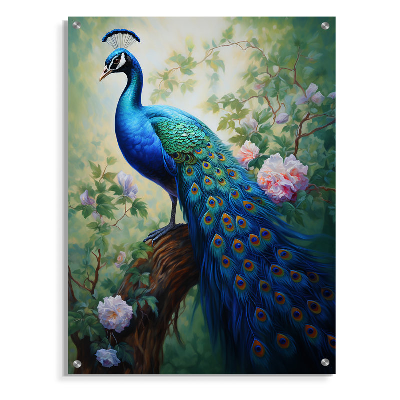 Alcott Hill Blue Ink Wash Peacock III - Peacock Acrylic Wall Art